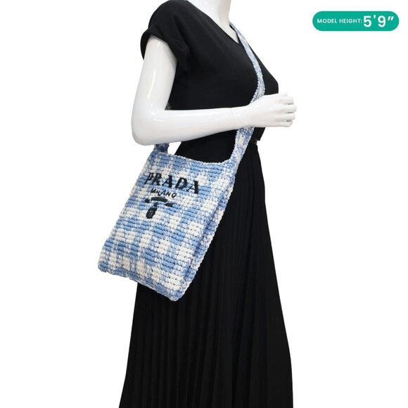 Prada  Embroidered Logo Yarn Raffia Crochet Tote Bag Multicolor - Picture 2 of 12